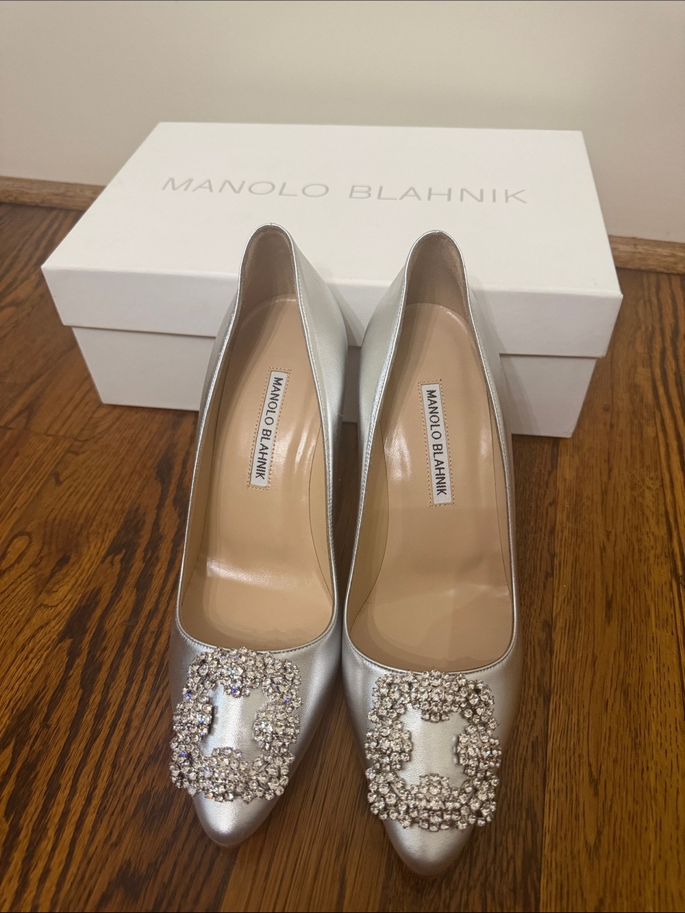 Manolo Blahnik Silver Satin Pointed Crystal-Buckle Pumps